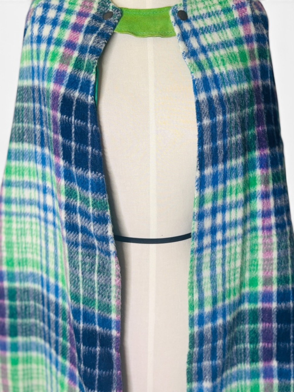 Vintage Pioneer Wear Plaid Wool & Green Suede Cape Vest Set | 1970s Southwestern - Picture 11 of 15